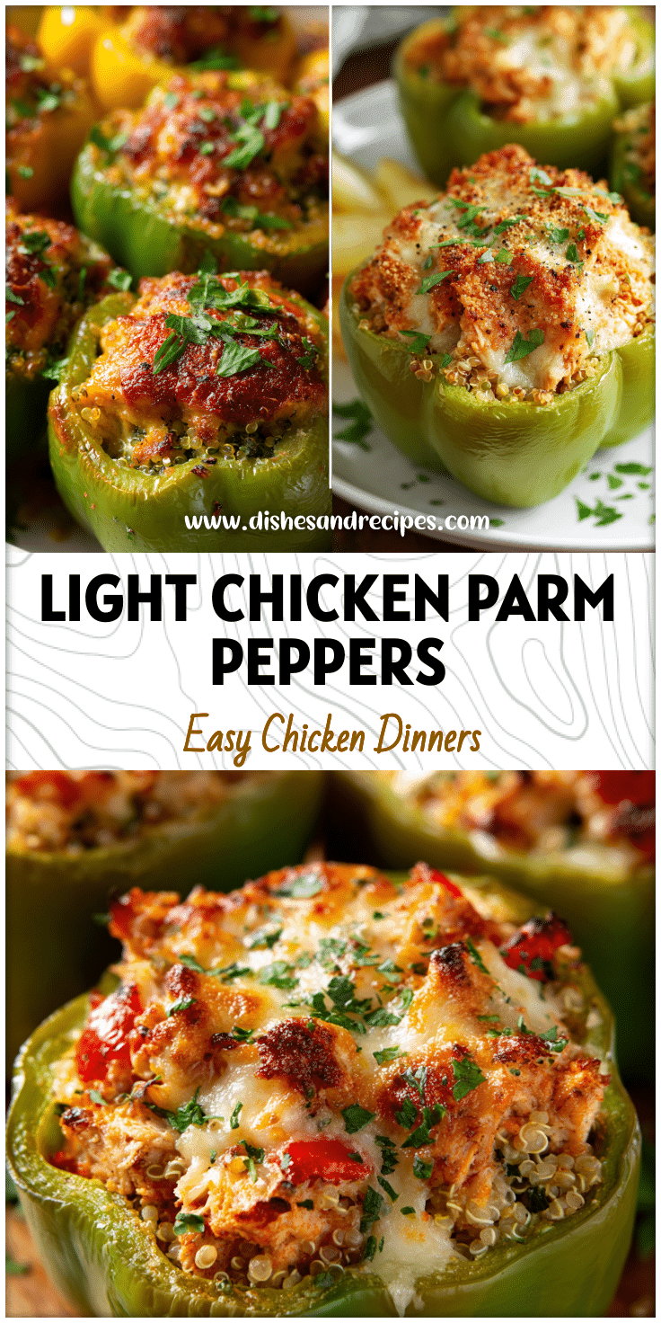 Colorful green peppers stuffed with chicken, veggies, and quinoa for a healthy Chicken Parm stuffed pepper recipe under 400 calories